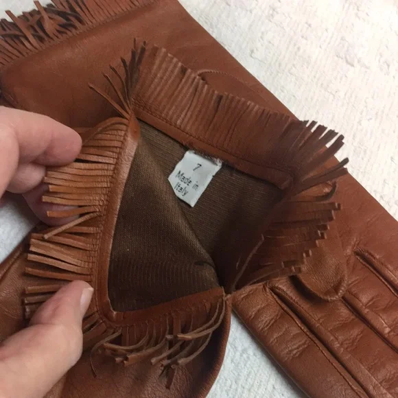 Cognac Brown Real Leather Fringe Gloves, made in Italy, sz7 - Picture 2 of 6